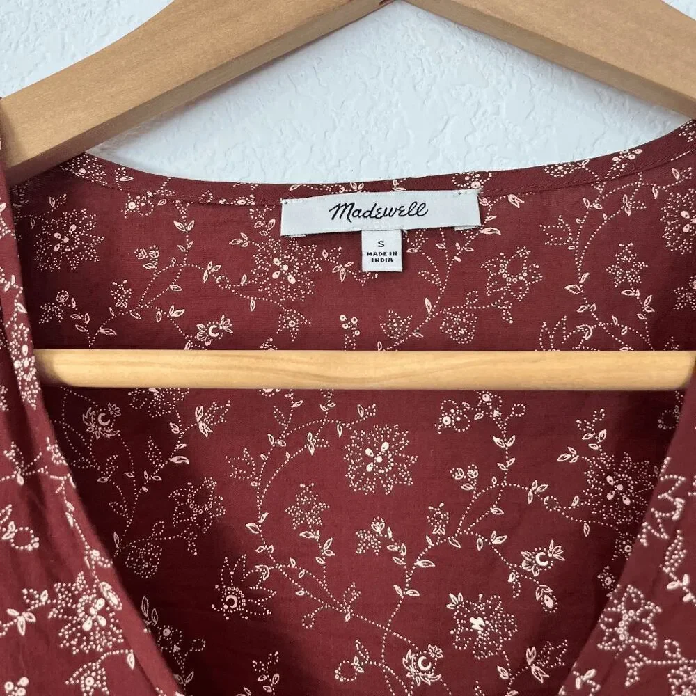 Madewell Weathered Brick Floral V-Neck Puff Sleeve Top Women's Size Small